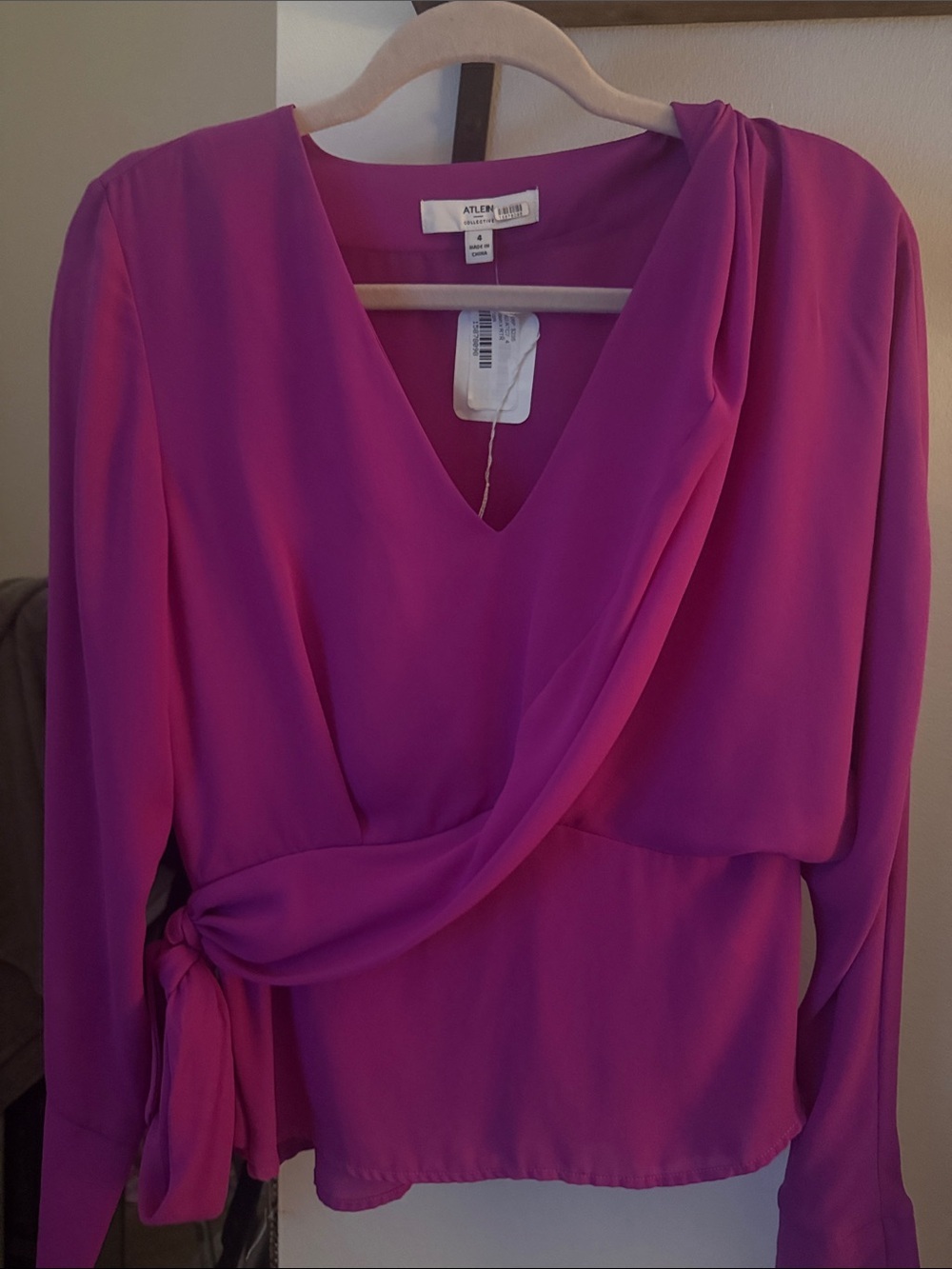 Atlein Fuchsia Draped Long-Sleeve Wrap Blouse Dress